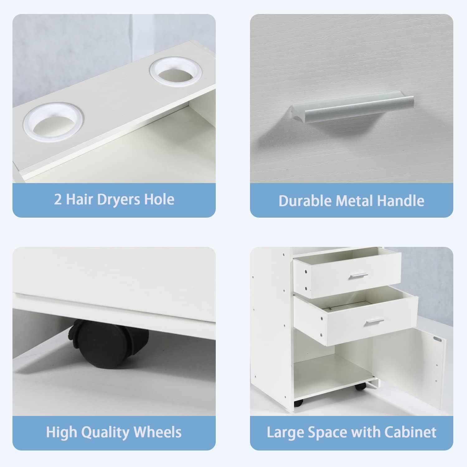 HOMBCK Beauty Salon Station, for Hair Stylist, Hair Salon Station Storage Cabinet with Wheels, with 2 Drawers, with 2 Hair Dryer Holders HOMBCK Beauty Salon Station, for Hair Stylist, Hair Salon Station Storage Cabinet with Wheels, with 2 Drawers, with 2 Hair Dryer Holders