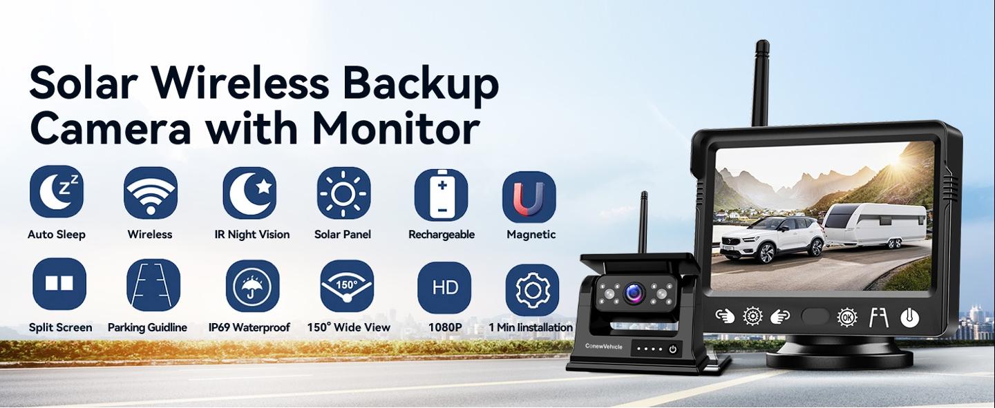 ConewVehicle Magnetic Solar Wireless Backup Camera with 5-inch HD Monitor,1080P Rear View for Car/Truck/RV/Trailer/SUV/Camper,Nightvision,Waterproof,Dash Cam,Parking Assist,Easy Install