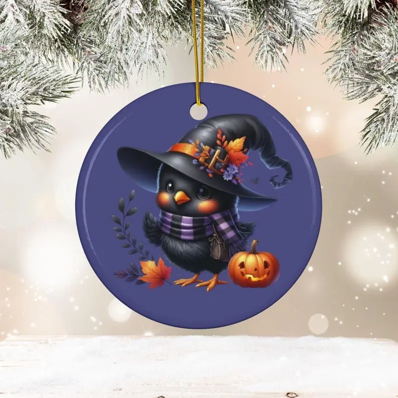 Chicken Witch Ceramic Ornament Halloween Decor, Halloween Tree Decoration - Circle, Star, Heart and Oval Shapes