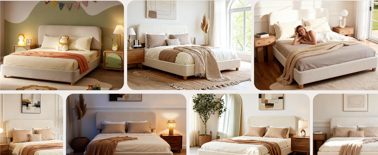 BERRY NEST Queen Size Boucle Bed Frame, Upholstered Cloud Bed Frame with Comfortable and Adjustable Headboard, Solid Wood Legs, Rounded Corners Design & Easy Assembly – Modern Cream Platform Bed, No Mattress, No Noise, Full