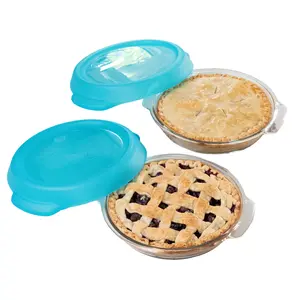 Libbey Baker’s Premium Glass Pie Dish Set of 2 with Lids, 9 Inch Round Baking Dishes, Stackable Bakeware with GreatGrip Handles, Durable Covered Pie Plates