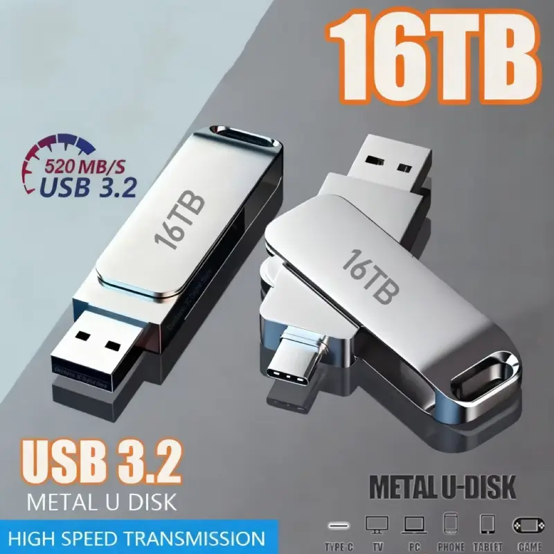 16TB Flash Drive USB 3.2 High Speed Metal U Disk Type-C Memory Stick Waterproof Storage PC Phone Data Transfer New 2026