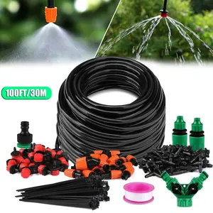 100ft Drip Irrigation System Garden Watering Kit DIY Micro Sprinkler with Adjustable Nozzles Automatic Mister for Greenhouse Raised Bed Potted Plants