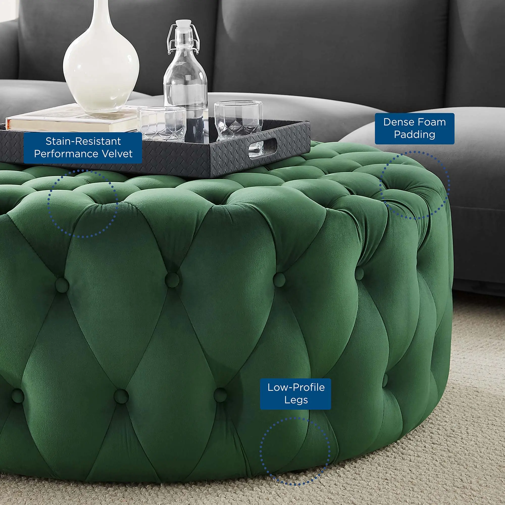 Modway Amour Tufted Button Large Round Performance Velvet Ottoman in Emerald