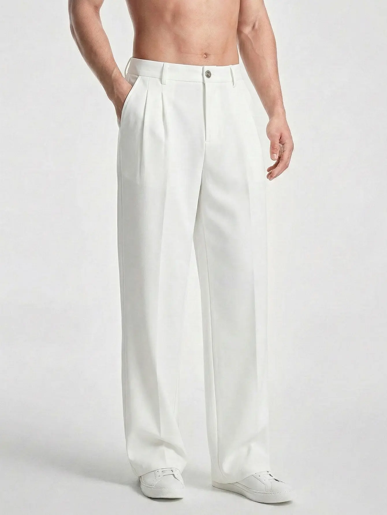Men’s minimalist white wide-leg dress pants, high-waisted with double pleats, straight cut—ideal for everyday wear, commuting, and casual occasions