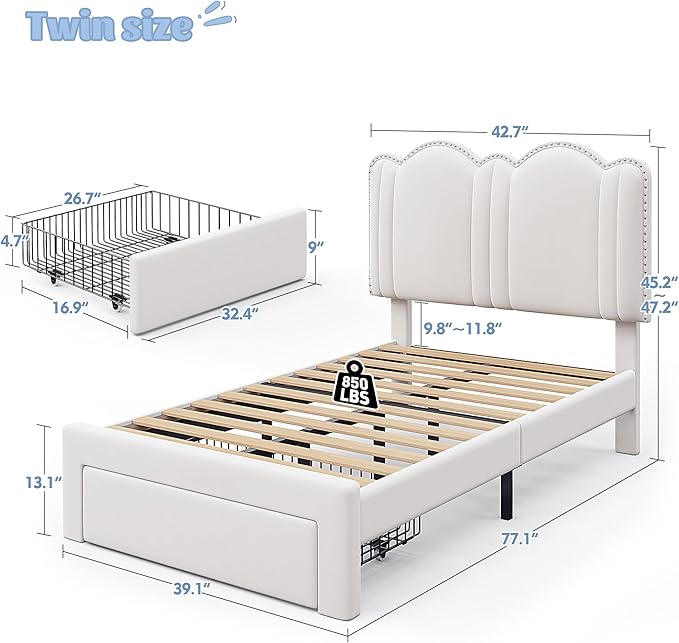Raybee Furniture Pricess Bed Frame with Led Light, Elegant bed Frame with Headboard Adjustable, Upholstered Bed Frame, No Box Spring Needed