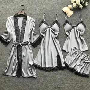 Lace silk sleepwear set, sexy lingerie robe, women's sleepwear 4-piece set, suit, sleeping top and shorts, women's sleepwear, home clothes, women's home clothes, solid color