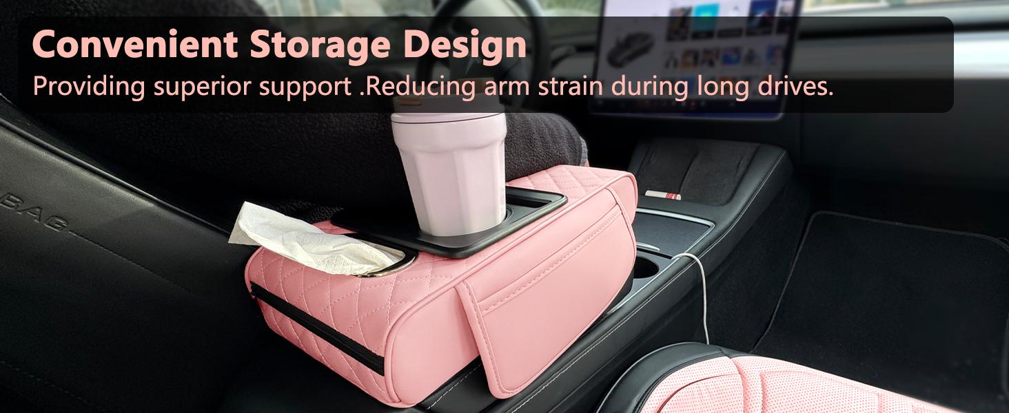 NS YOLO Premium PU Leather Car Armrest Pillow  Universal Center Console Cushion with Cup Holder, Phone Slot & Side Storage Bags, Ergonomic Design to Relieve Driving Fatigue, Available in 4 Stylish Colors