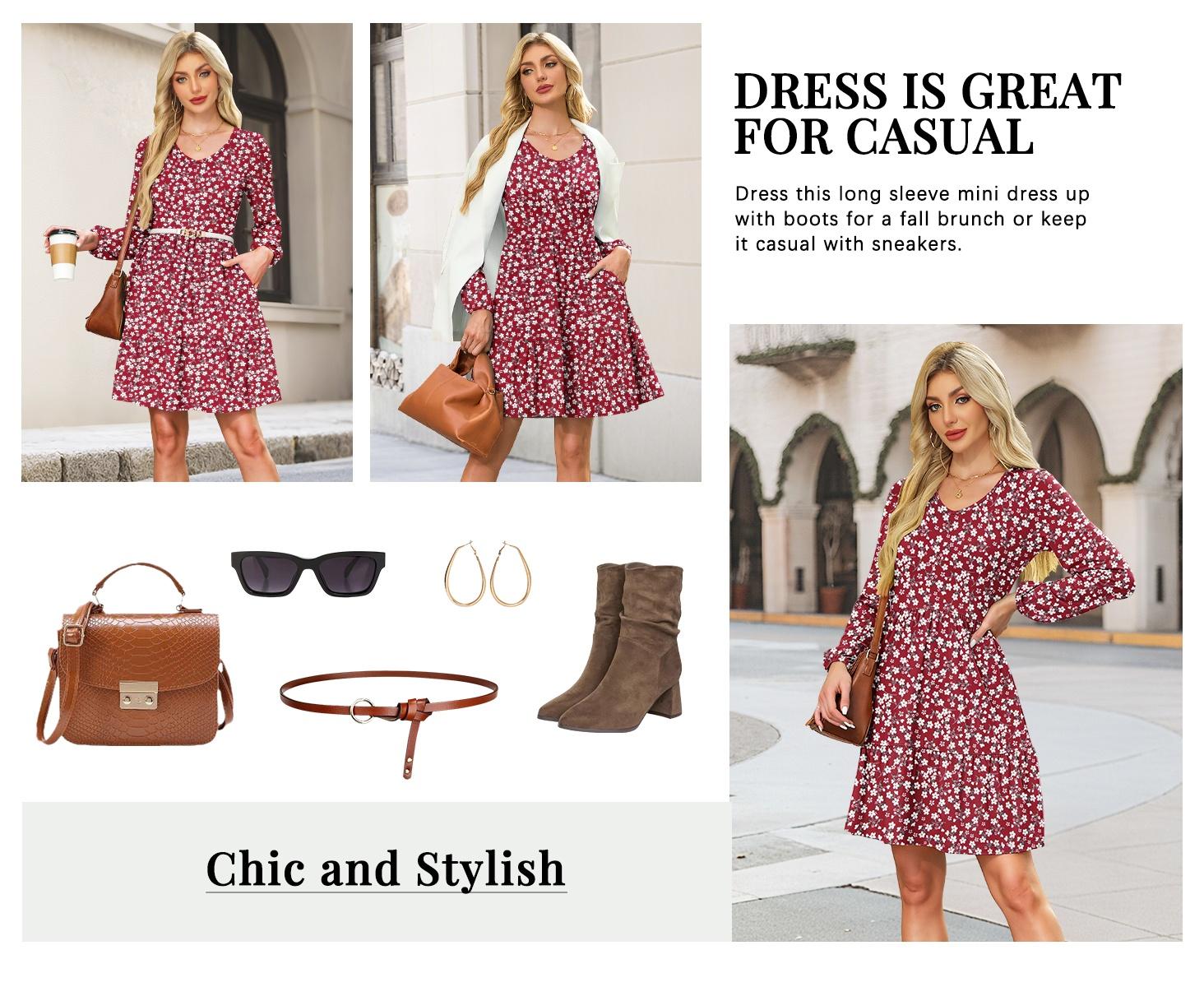 AUSELILY Women‘s Casual Tunic Dress V Neck Tiered Swing Flowy A-line Mini Short Dresses with Pockets Floral Womenswear Ruffled Dresses SpringStatements