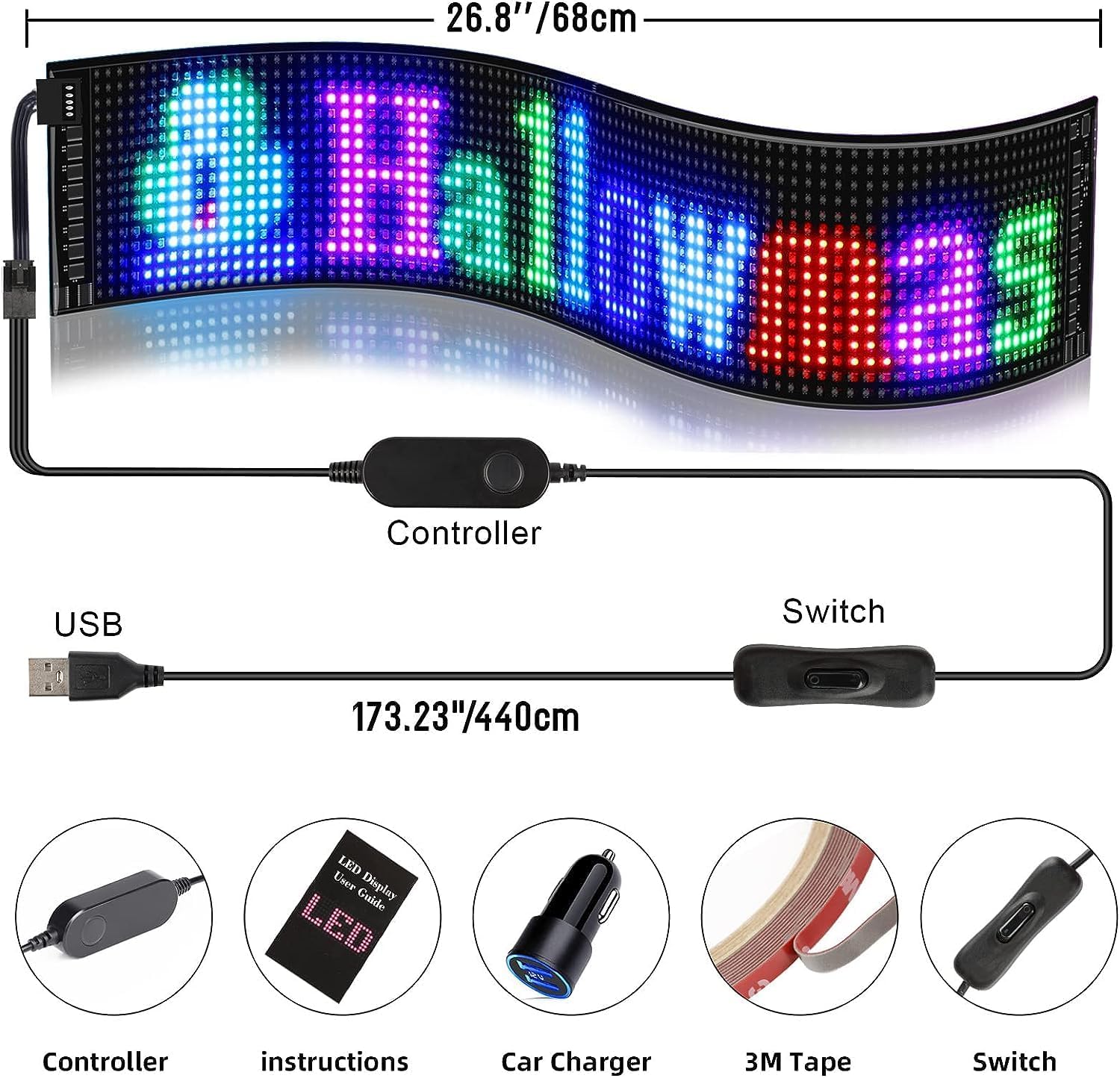 LED Car Sign Programmable Matrix Panel FPCB Flexible Screen Display APP Control for Cars Shops Bars Parties Festivals Customizable Message Scrolling Bright Advertising - Vehicle