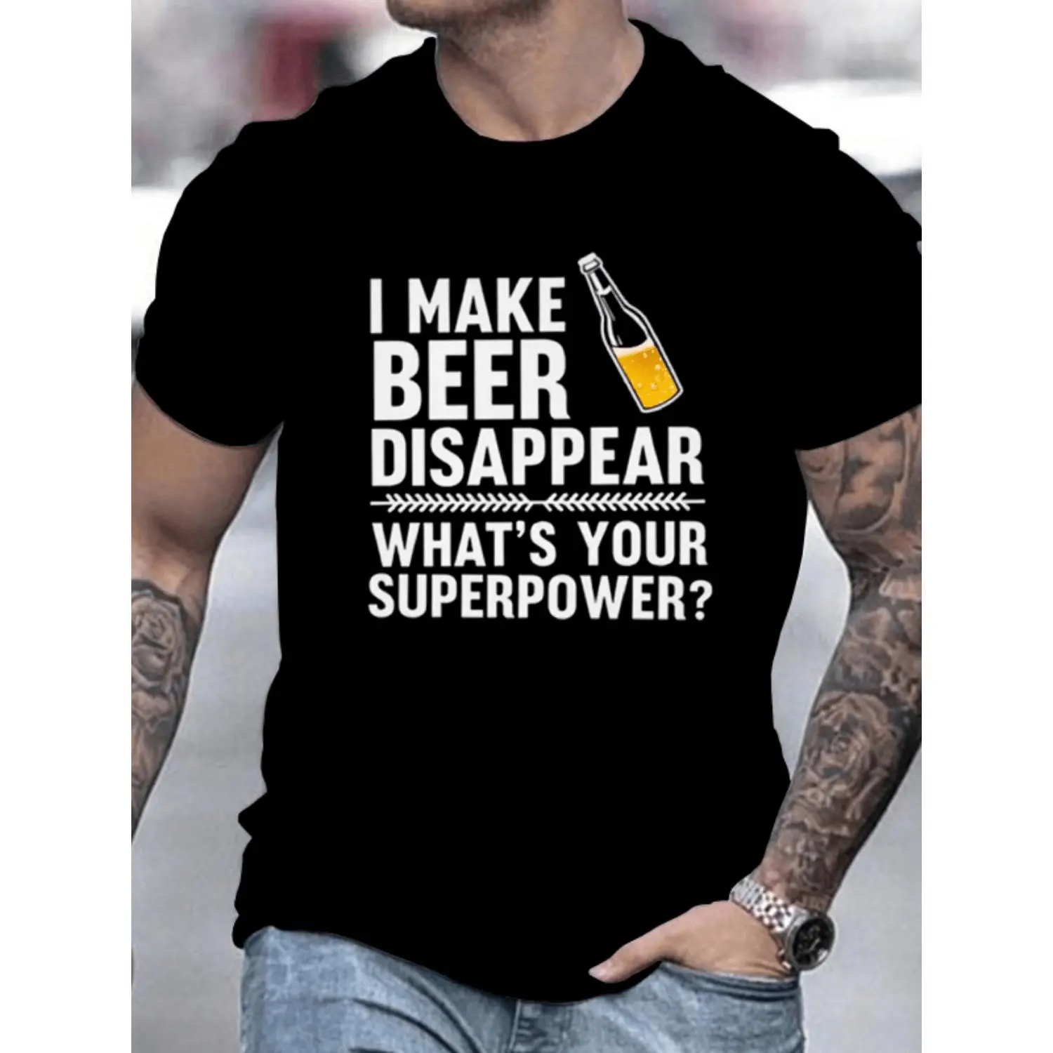 Men's Funny "I Made the Beer Disappear" Printed T-Shirt - Beer Superpower Casual Round Neck Short Sleeve Tee Suitable for Summer Parties & Casual Attire - Humorous Drinking Humor Apparel for Social Gatherings crew graphic t-shirt soft cotton