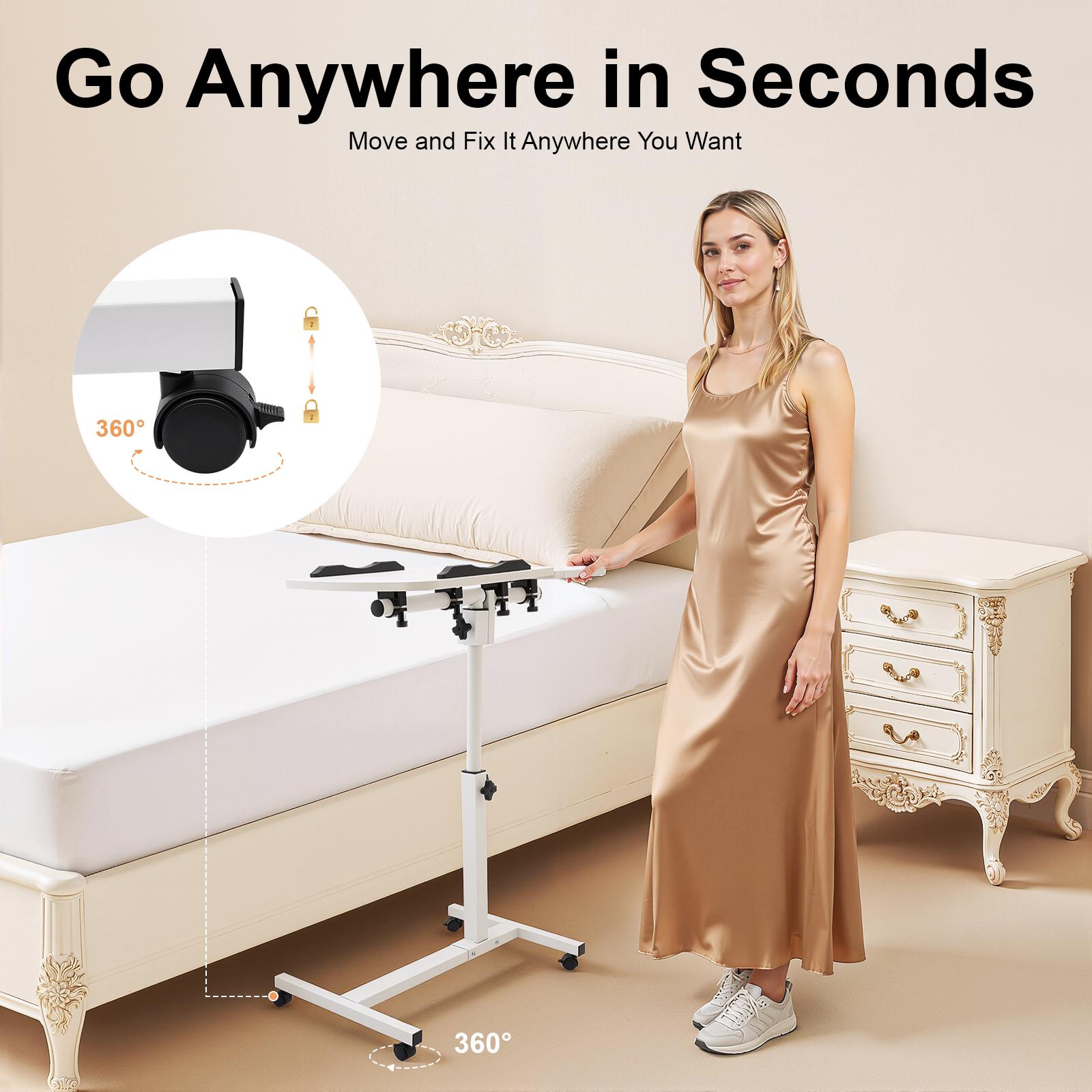 Modern Height-Adjustable Laptop Table with Locking Wheels, 40x40cm Tilt Top, Rolling Mobile Computer Workstation for Bedroom, Office White Study Desk