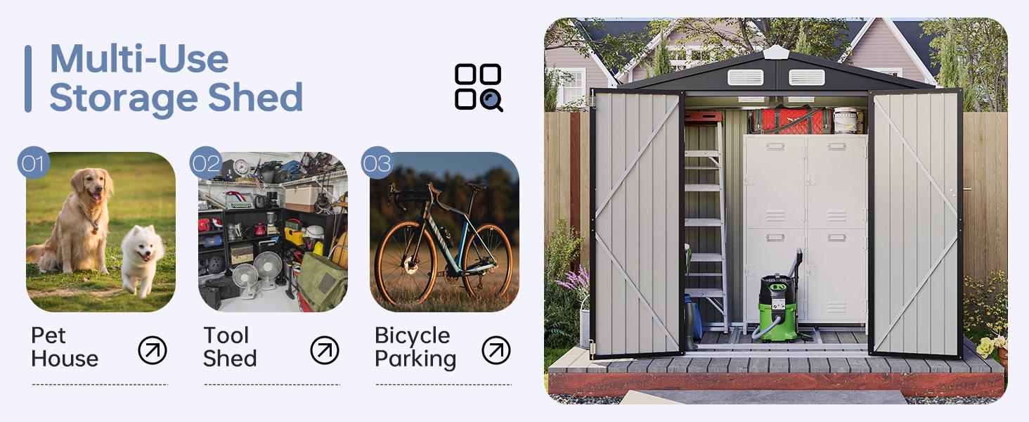 Aoxun Outdoor Storage Shed Metal Garden Tool Shed with Sloping Roof Lockable Door for Patio Lawn Backyard Black Organizer for Garden Tools & Shelf Organization