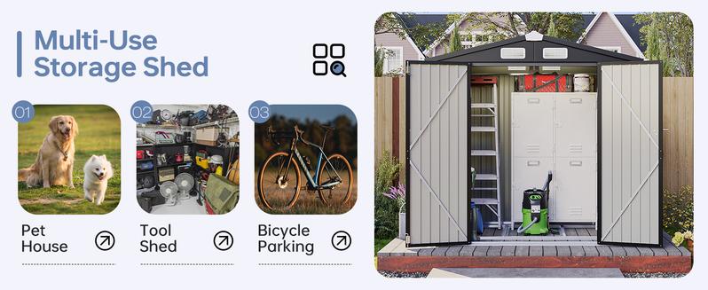 Aoxun Outdoor Storage Shed Metal Garden Tool Shed with Sloping Roof & Lockable Door for Patio Lawn Backyard Black Organizer for Garden Tools