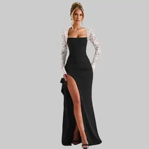 Women's Square Neck Lace Long Sleeve Contrast Trim High Slit Maxi Dress 2026 Spring Summer New Arrival Open Back Tie Detail Slim Fit Vacation Holiday Beach Outfit Long Dress