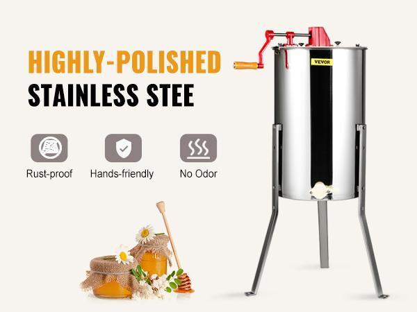 【Backtoschool】VEVOR Hand Crank Manual Honey Extractor, 3-Frame Stainless Steel Beekeeping Equipment, 39.3'' to 42.5'' Height-Adjustable Stand Honeycomb Drum Spinner with Lid for Kitchen, Basement Apiary Use, Adjustable Height, Manual Spin