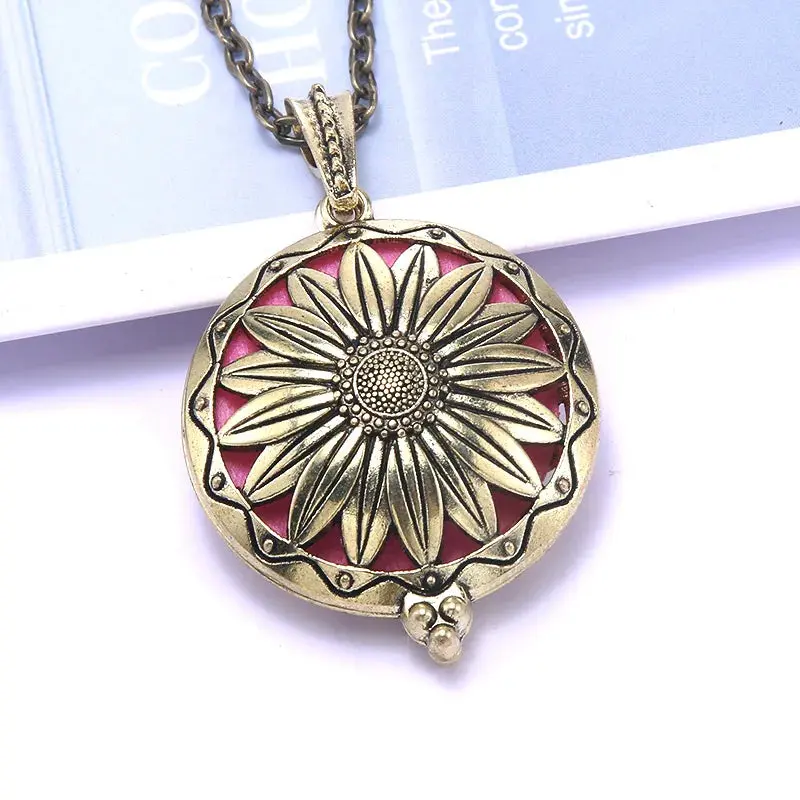 Aroma Diffuser Necklace - Vintage Open Antique Locket Pendant with Essential Oil Aromatherapy (Gold Zinc Alloy) - Round Shape - Various Designs Available"