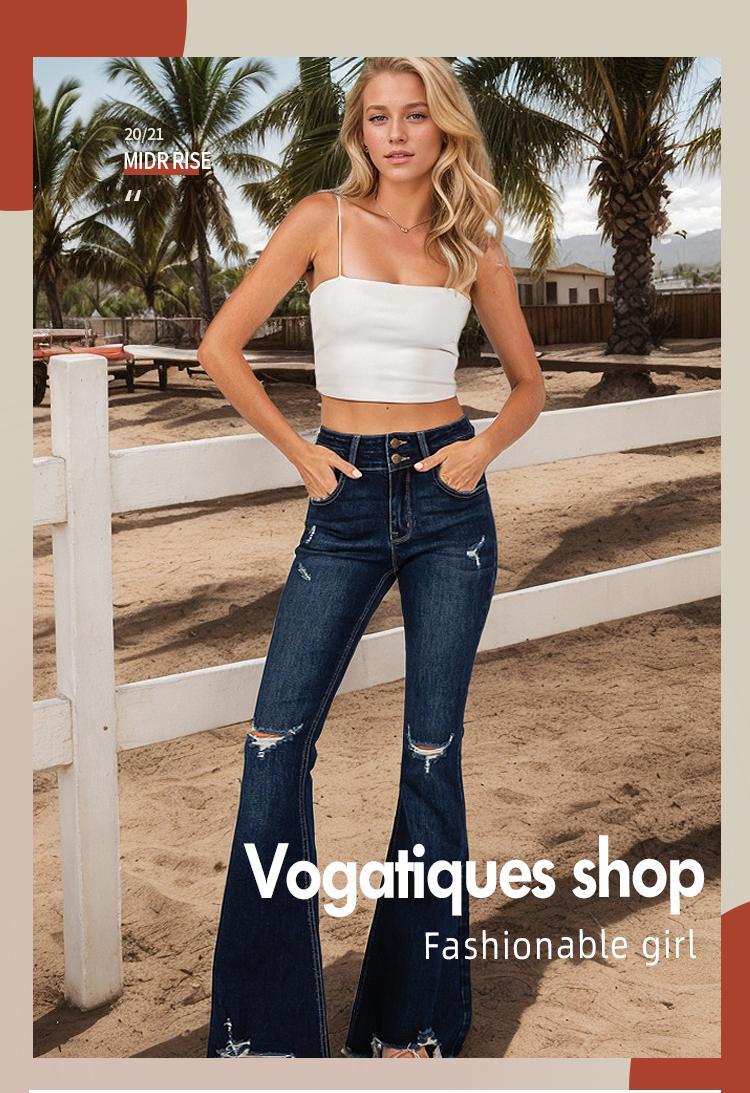 Madison Vogatiques High Rise Ripped Flared Jeans Bell Bottom Denim Pants Comfort Basic Distressed Raw Hem Tummy Control BBL