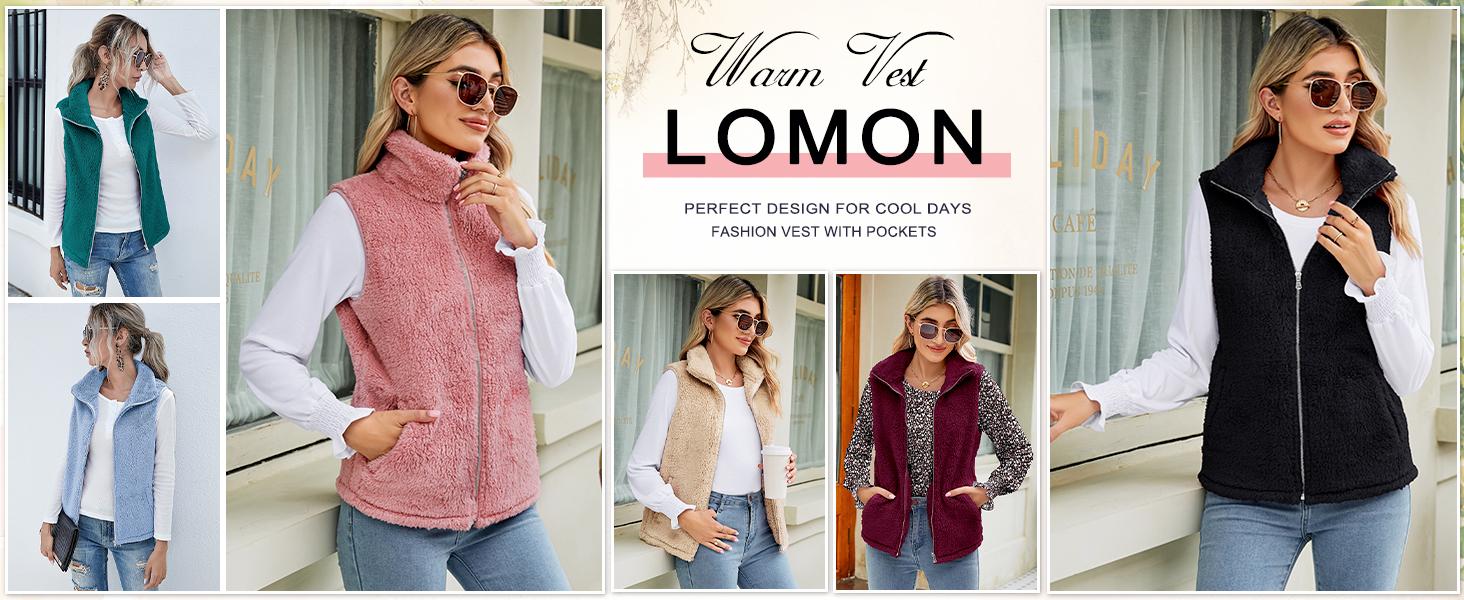Womens Fuzzy Sherpa Fleece Jacket Lightweight Vest Cozy Sleeveless Cardigan Zipper Waistcoat Outerwear with Pocket