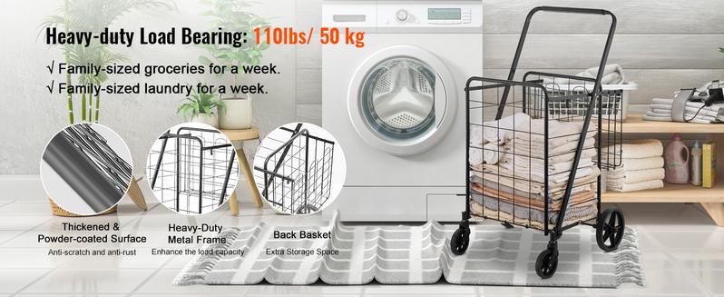 VEVOR Folding Shopping Cart, Jumbo Grocery Cart with Double Baskets, 360° Swivel Wheels, Heavy Duty Utility Cart, 110 LBS Large Capacity Utility Cart for Laundry, Shopping, Grocery, Luggage