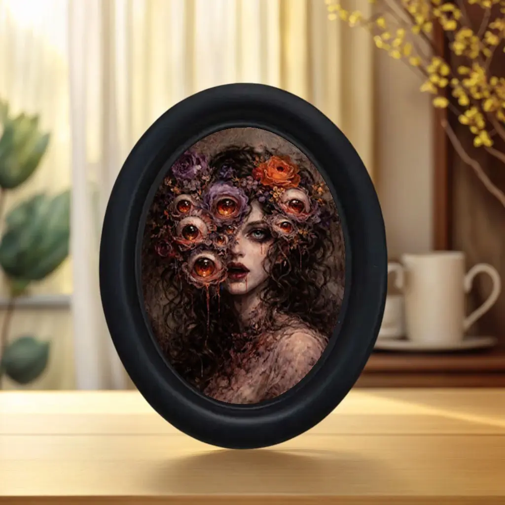 Vintage Gothic Dark Floral Flower Design Eye Photo Frame, Vintage Picture Frames, Oval Decorative Art Decor for Halloween Christmas Thanksgiving, Unique Wall Decoration for Home Office
