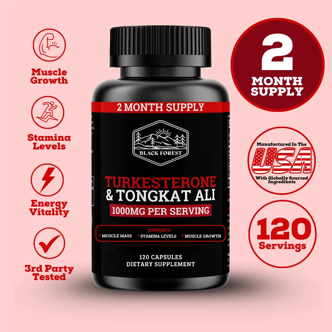 Black Forest Vegan All-Natural Fitness Supplement Stack - GF Dietary Gym Support, 1000mg Turkesterone & Tongkat Ali Per Serving, 120 Capsules (2-Month Supply), Unflavored Edible Botanical Lean Muscle Booster & Vitality Lift for Athletic Adults