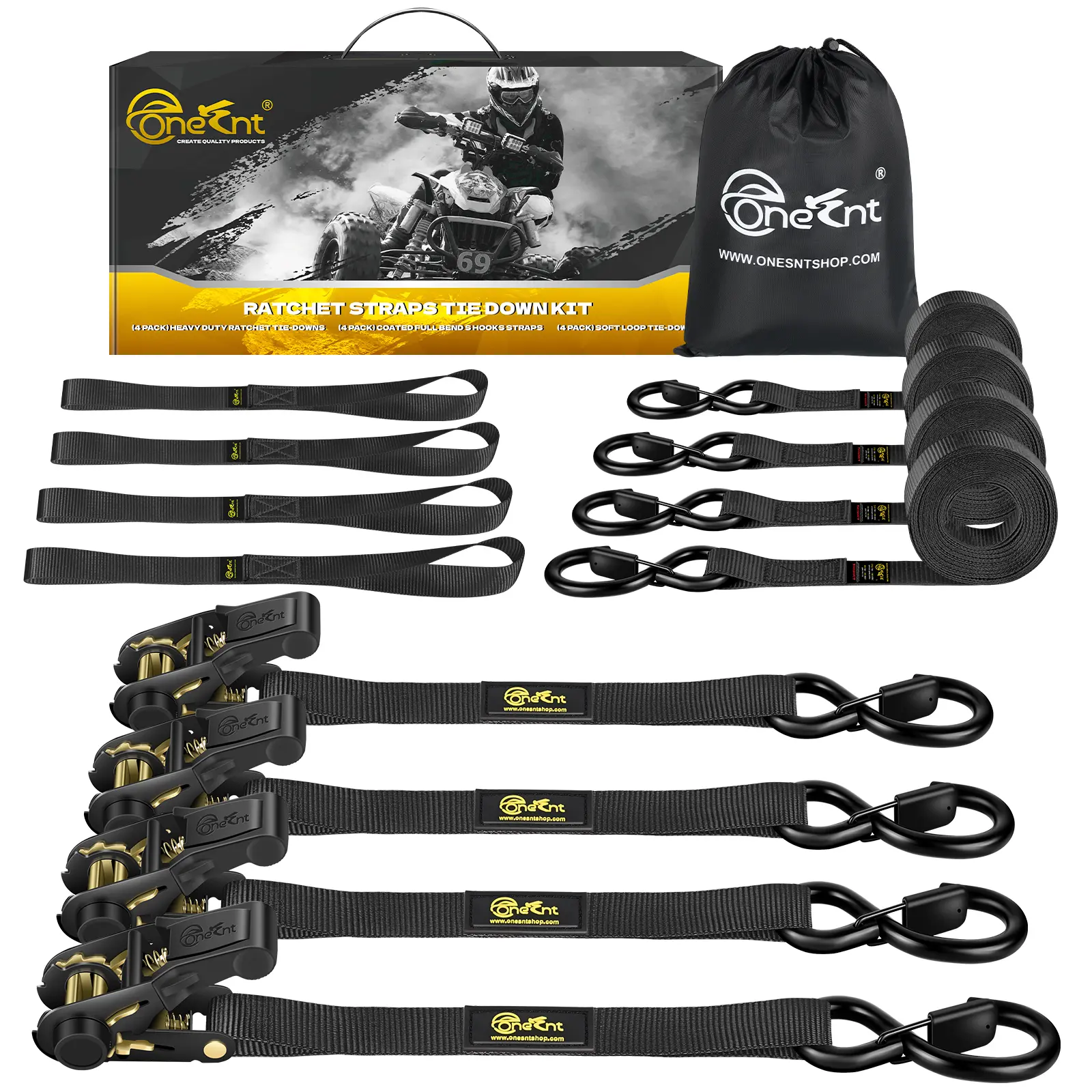 Onesnt 4Pcs Ratchet Tie Down Straps Kit for 2400lb Break Strength | 1” x 16FT Tie Down Straps with Soft Loop Tie-Downs & Safety S Hook - Cargo Strap Tie Down for Trucks, Motorcycle, Moving, Appliances, Black