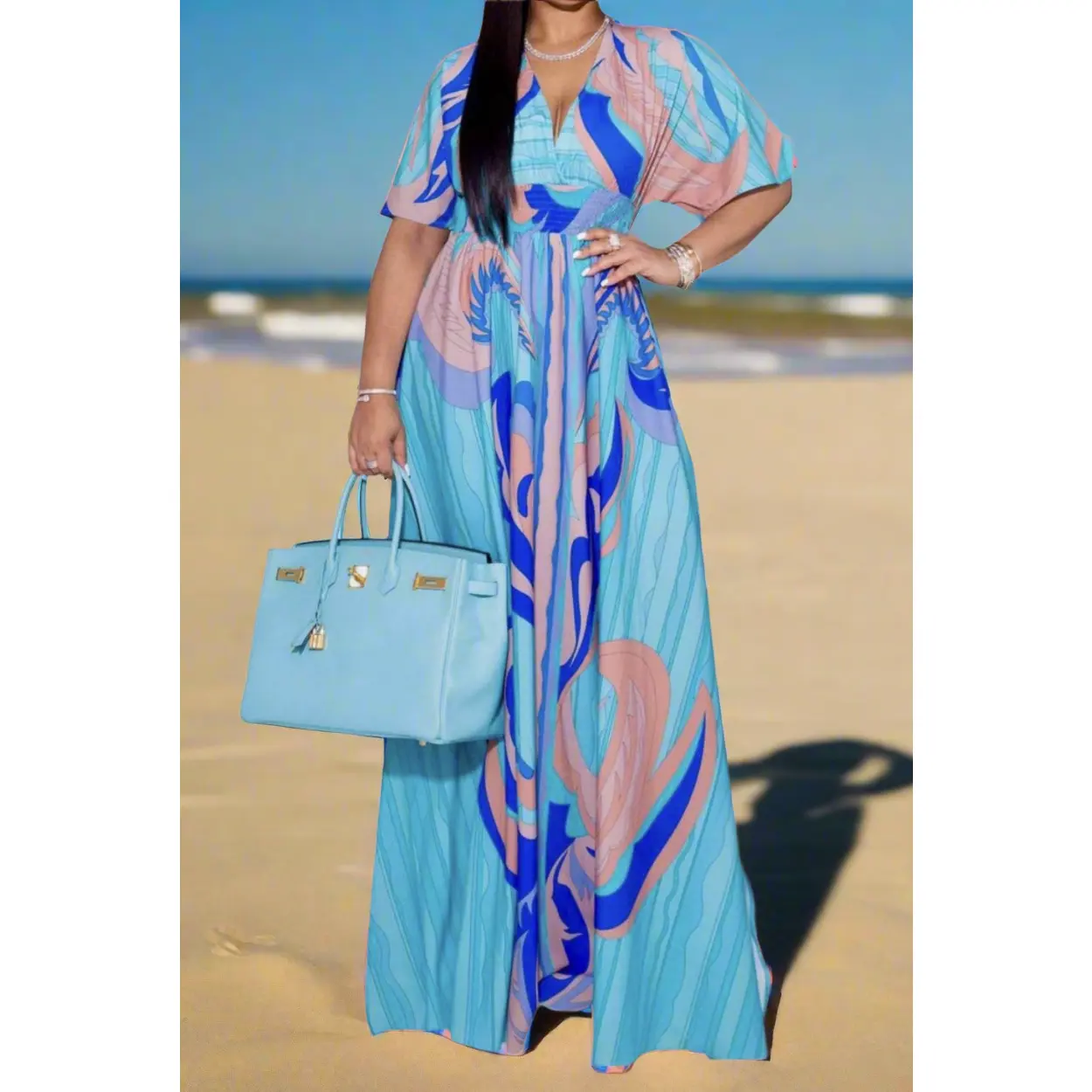 Casual Printed Kimono Maxi Dress with Sleeves for Women