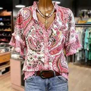 Cherrybetty Retro Paisley Print Ruffle Neck Frayed Hem Top Sweety Essential Comfort Elegant Outfits Going Out Tops Outfit Inspo Blouse Summer Fashion