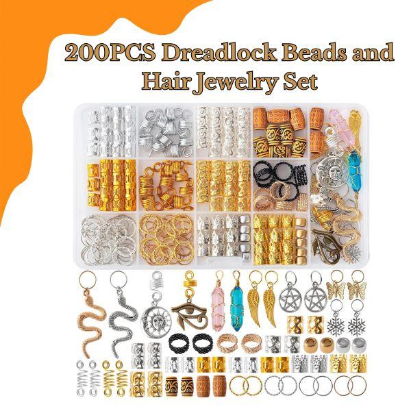 "200PCS Dreadlock Beads and Hair Jewelry Set – Gold & Silver Braiding Cuffs, Crystal Charms, Metal Coil Rings, Hair Clips & Loc Tubes for Braids, Twists, Dreads & Hair Decoration"