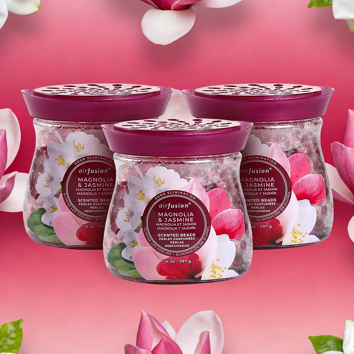 AIR FUSION 3-Pack Fragrance Scented Beads Air Freshener - 14oz Each, Subtle Floral Magnolia Jasmine Aroma, Odour Control Juicy Fruit Gel Beads, Multi-Purpose Absorber for Bath, Cars, Pet Areas