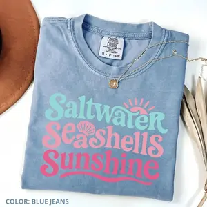 Comfort Colors Saltwater Seashells & Sunshine Shirt, Coastal Summer Beach Tee, Ocean Lover Vacation Shirt, For Woman, Top Womenswear