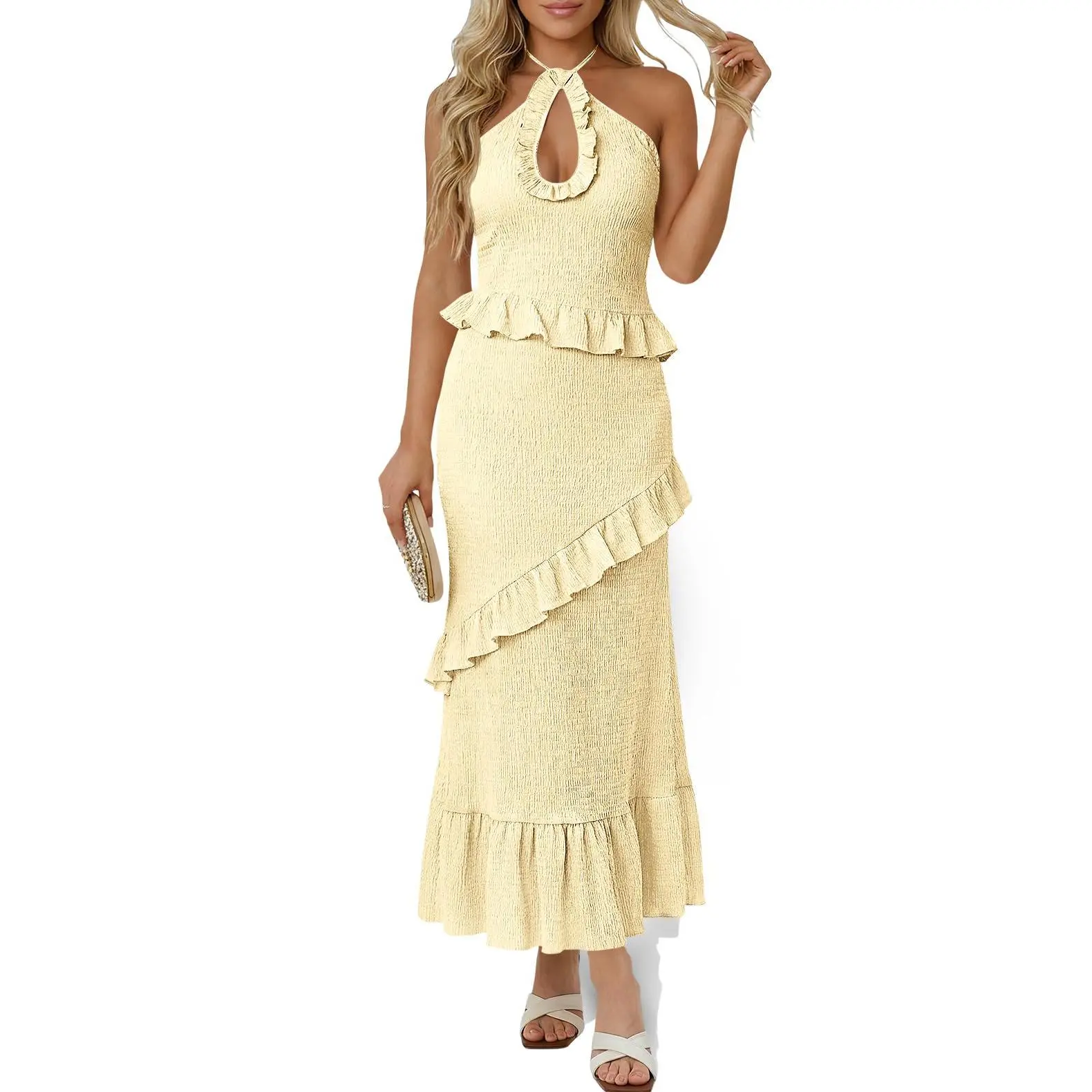 Wenrine Women's Formal Wear Halter Maxi Dress - Sleeveless, Cutout, Ruffle Tassel, Backless, Low Cut Overall Elegance Cocktail Dress for Summer Party Club Events, Low Cut Dresses