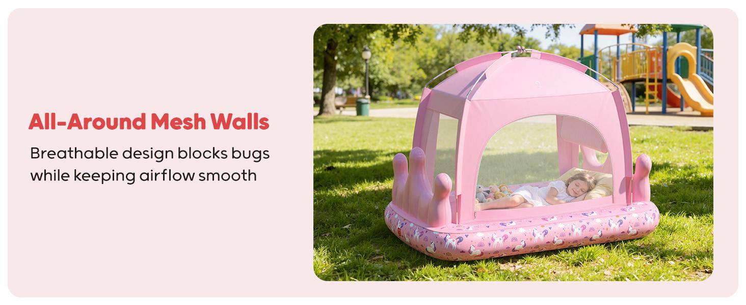 QPAU Princess Inflatable Toddler Bed with Tent, Blow Up Toddler Travel Bed with Sides, Portable Kids Air Mattress for Girls, Ideal for Home, Grandma’s, Camping & Sleepovers – Includes Electric Pump