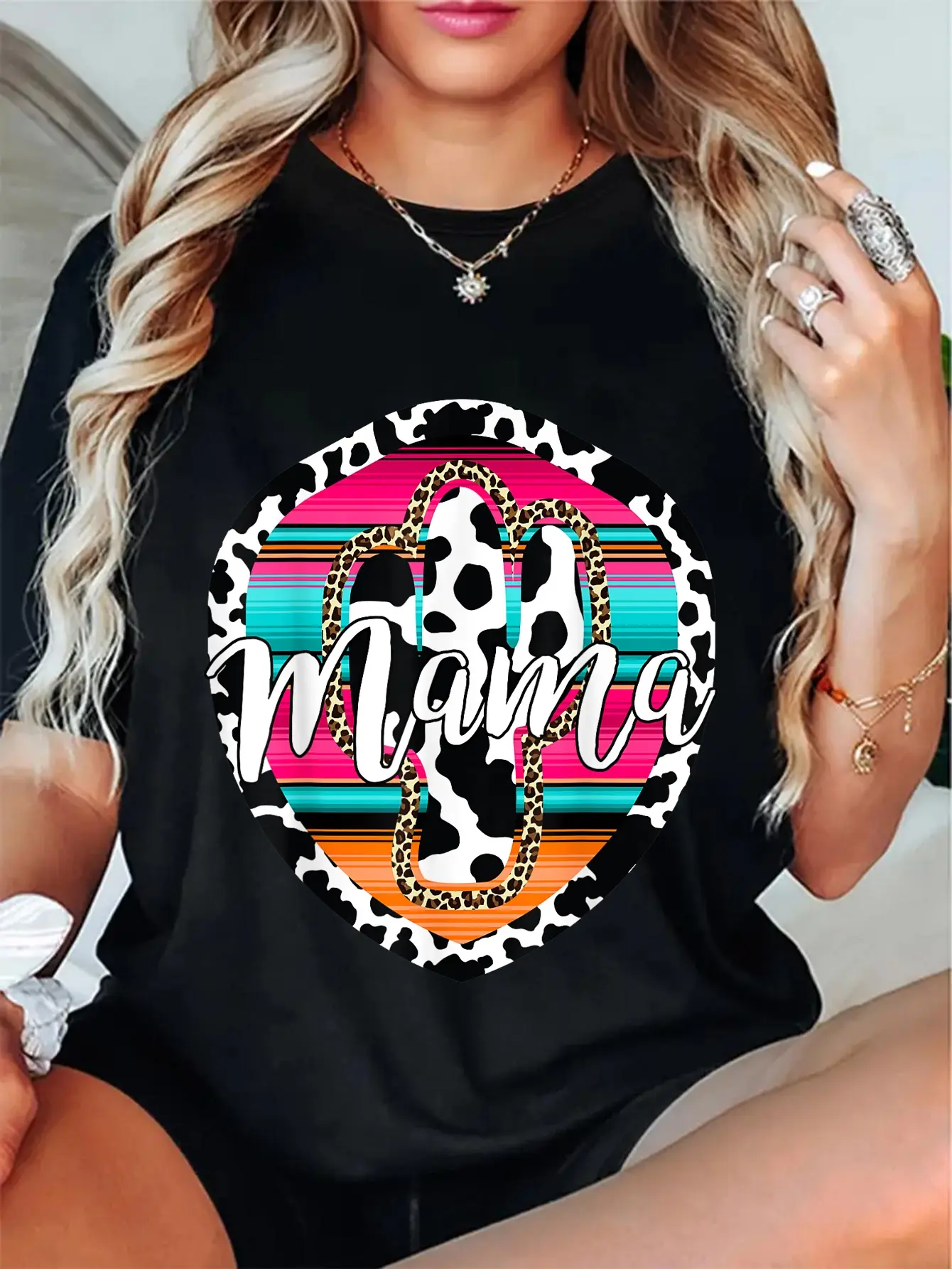 Unisex Vintage Mama Serape Cactus Leopard Cow Mom Mothers Day T-Shirt