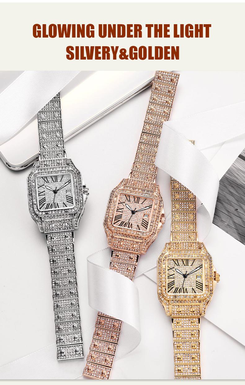 Luxury Rhinestone Embellished Square-Dial Quartz Watch with Gift Box Included Fashion Timeless Classic Watch Black Friday Flash Sale diamond men