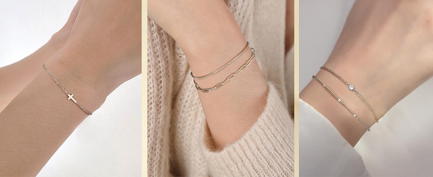 7 PCS Gold Bracelets for Women 14K Gold Plated Dainty Cuff Chain Set Waterproof Adjustable Thin Link Jewelry Trendy Stackable Bracelets Classic Gold & Silver Tones Hypoallergenic Safe Materials