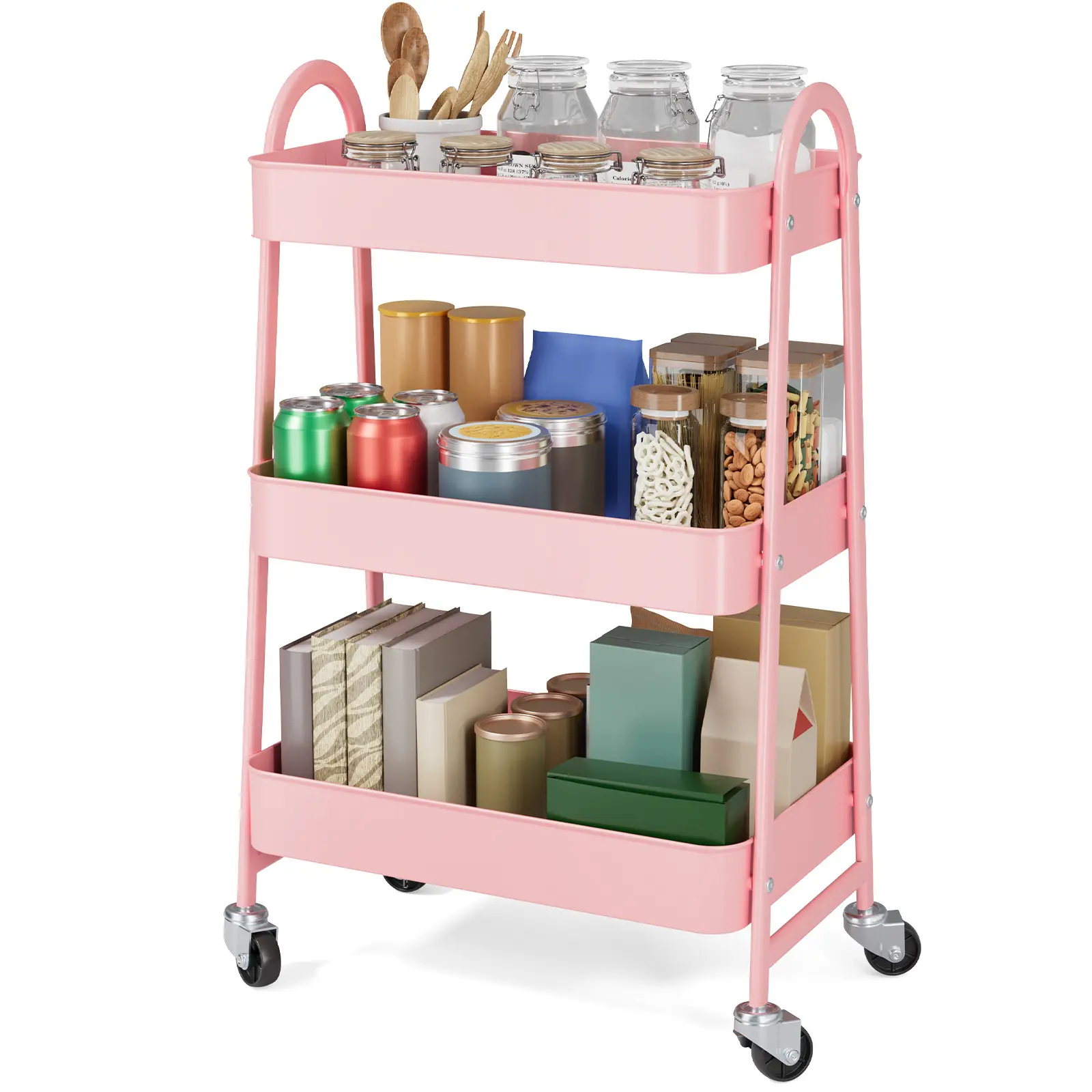 3 Tier Rolling Cart with Wheels, Metal Utility Cart with 360 Wheels, Storage Cart, Multi-Functional Storage Trolley for Living Room, Kitchen, Sturdy, Pink