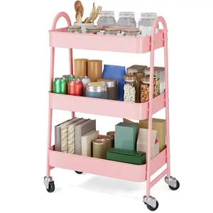 3 Tier Rolling Cart with Wheels, Metal Utility Cart with 360 Wheels, Storage Cart, Multi-Functional Storage Trolley for Living Room, Kitchen, Sturdy, Pink