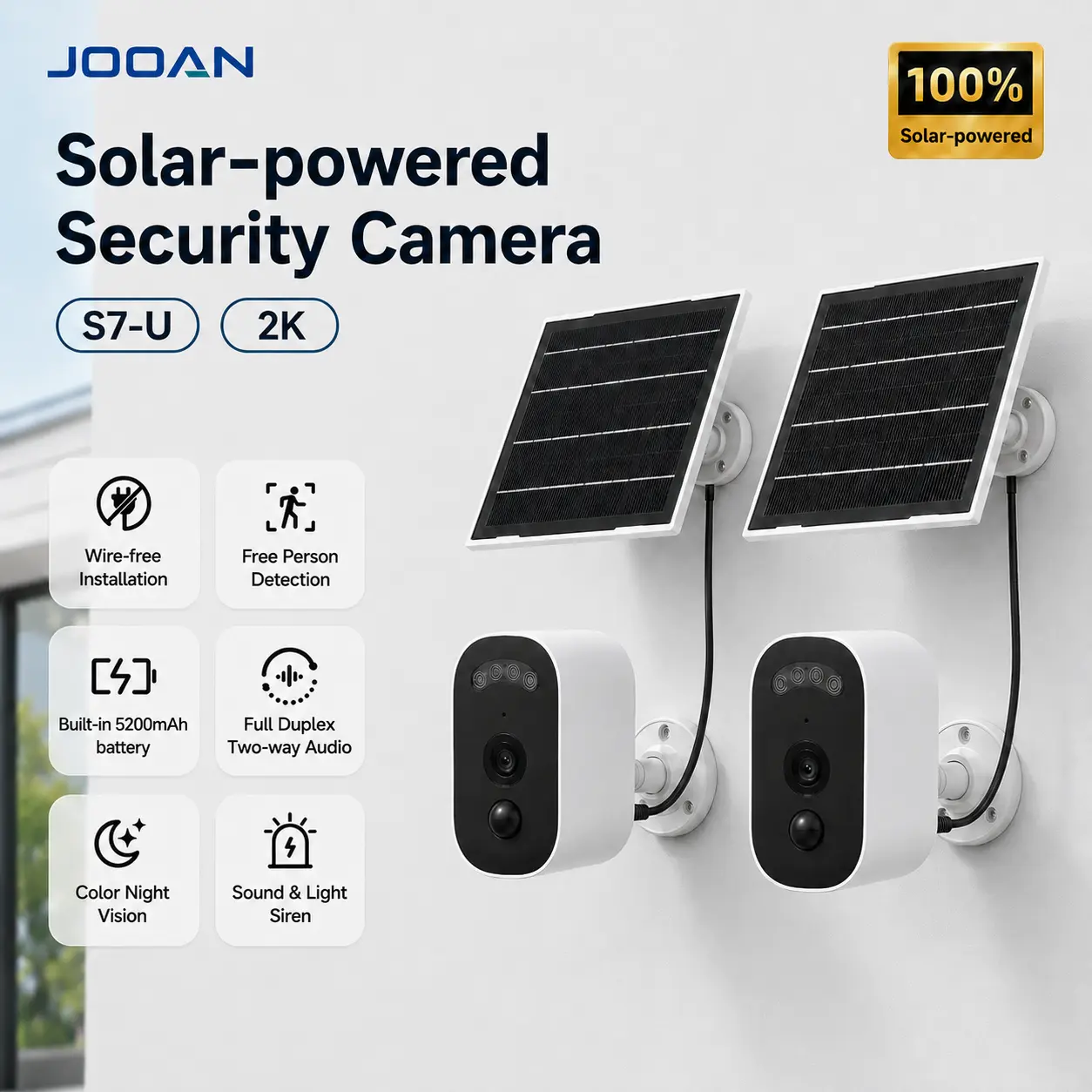 JOOAN 1–4 Pack Solar Powered Wireless Outdoor Security  Bundle, 2K HD WiFi  with Smart Human Detection, 20m Night Vision, 2-Way Audio, Magnetic Mount, IP66 Waterproof, TF/Cloud Storage, 2.4GHz WiFi.