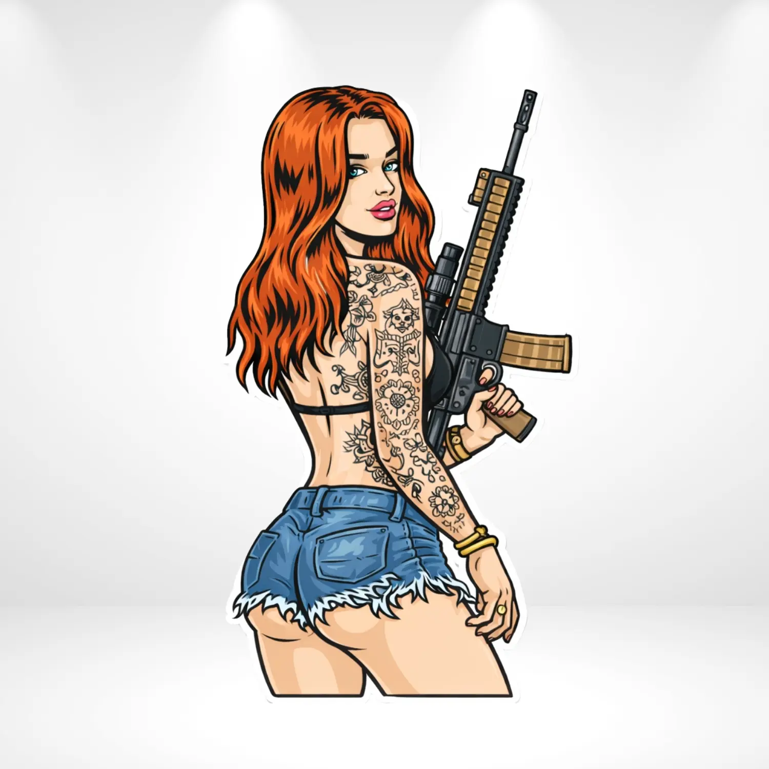 Tattooed Redhead Girl With Rifle Vinyl Sticker, Sexy Gun Girl Decal, Badass Woman Sticker, Gun Lover Laptop Car Decal, Tattoo Pinup Sticker