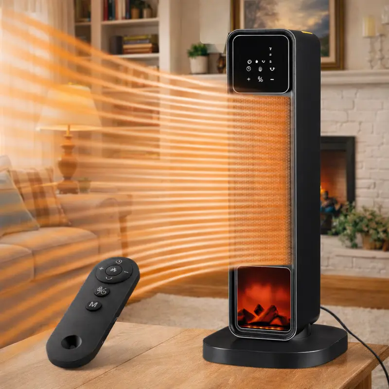 Space Heaters for Indoor Use 1500W PTC Electric Fireplace Heater with 90° Oscillation Child Lock Tip-over Protection Eco Mode 12h Timer Remote Control 3D Flame Effect Home & Office Heating System