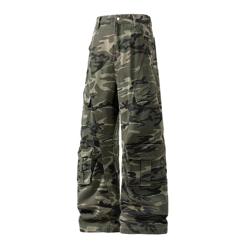 Men’s retro camouflage cargo pants, micro-flare camouflage denim jeans, new casual cargo-style pants, unisex high-street fashion loose straight-leg drop-crotch wide-pocket casual trousers, comfortable breathable fabric, suitable for everyday wear and outd