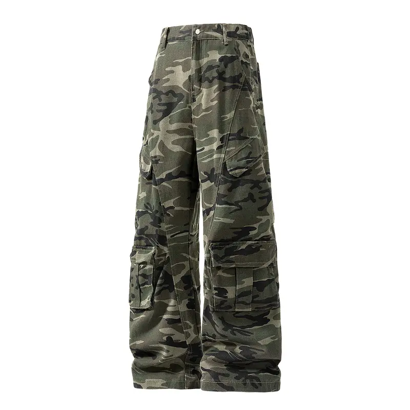 Men’s retro camouflage cargo pants, micro-flare camouflage denim jeans, new casual cargo-style pants, unisex high-street fashion loose straight-leg drop-crotch wide-pocket casual trousers, comfortable breathable fabric, suitable for everyday wear and outd