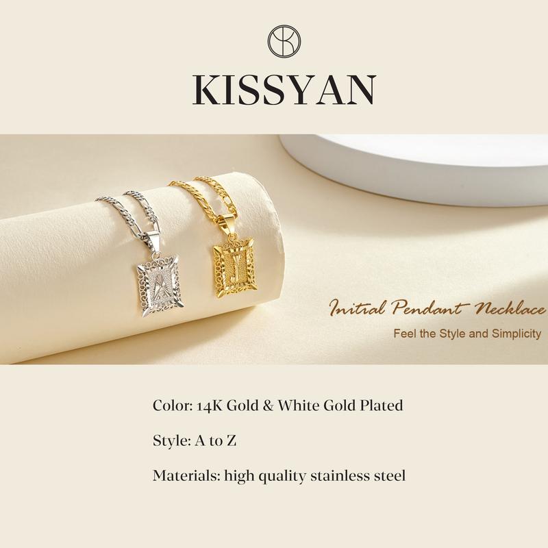 KissYan Initial Letter Pendant Necklace for Men Womens, 14K Gold Plated Square Capital Monogram Necklace Alhpabets from A-Z Figaro Chain Necklace Valentine's Day Gifts