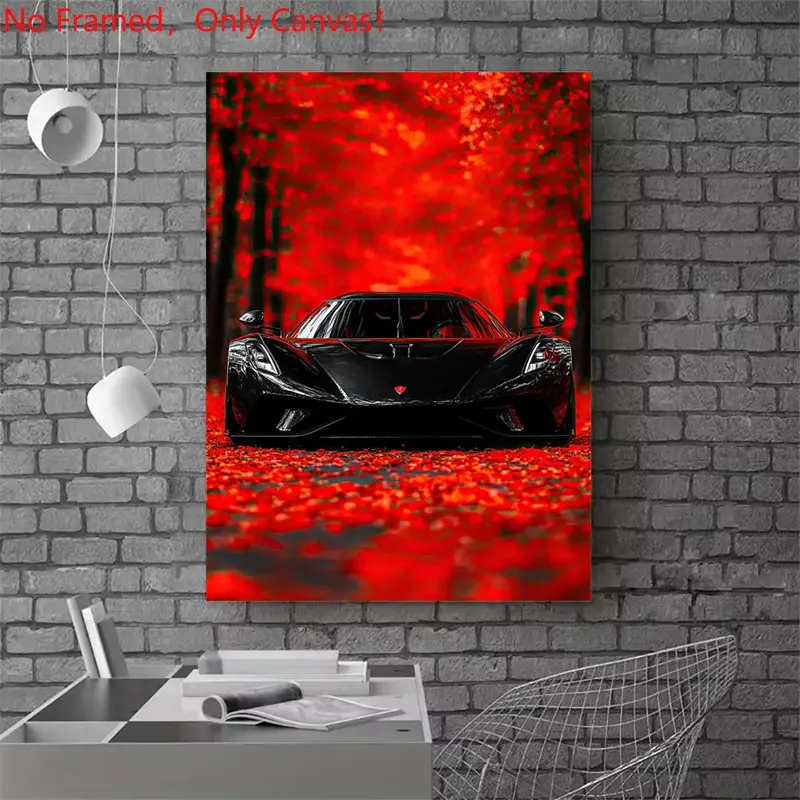 1 Piece/Set frameless canvas painting print poster Picture Image Prints, Unframed Wall Art, Luxury sports car art, Black Koenigsegg Supercar in Autumn, a perfect gift for car lovers, ideal for bedroom, living room, wall decor, Decoration Items
