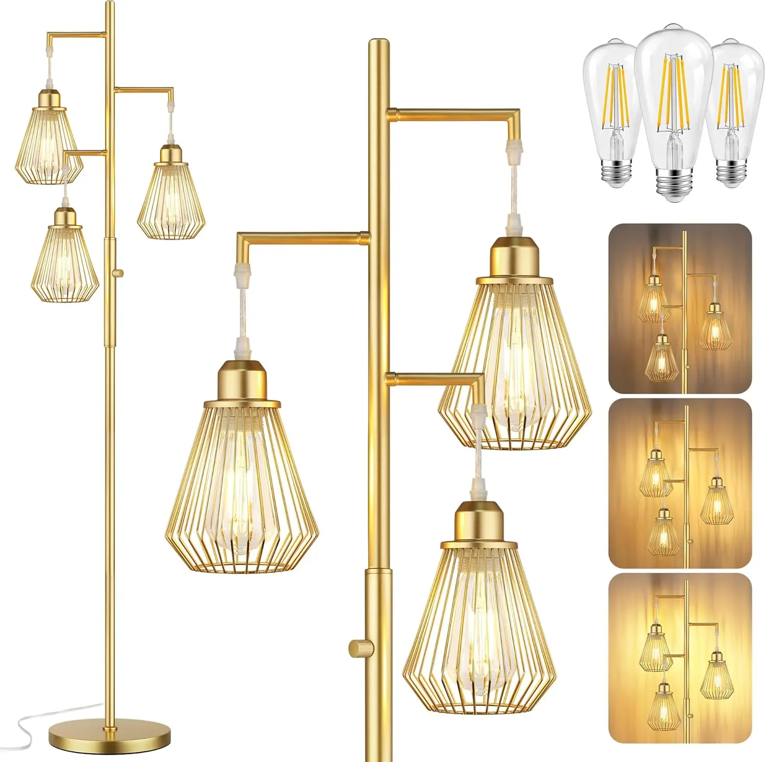 Industrial Floor Lamps for Living Room, Tree Standing Lamp with Stepless Dimmable, 68" Modern Tall Lamps for Bedroom Study Home Office, Rotary Switch, 3 LED Bulb Included, Gold