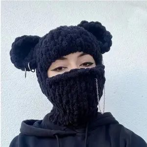 New Novelty Bear Ear Balaclava Beanies Chain Outdoor Ski  Winter Hat for Women Ear Protection Knitted Hat Handcrafted Cap