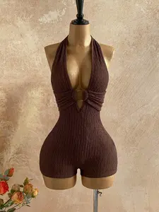 Soleia Women's White Textured Knit Backless Jumpsuit With Round Ring Decor, Elegant For Halloween, Christmas, Vacation, Sexy