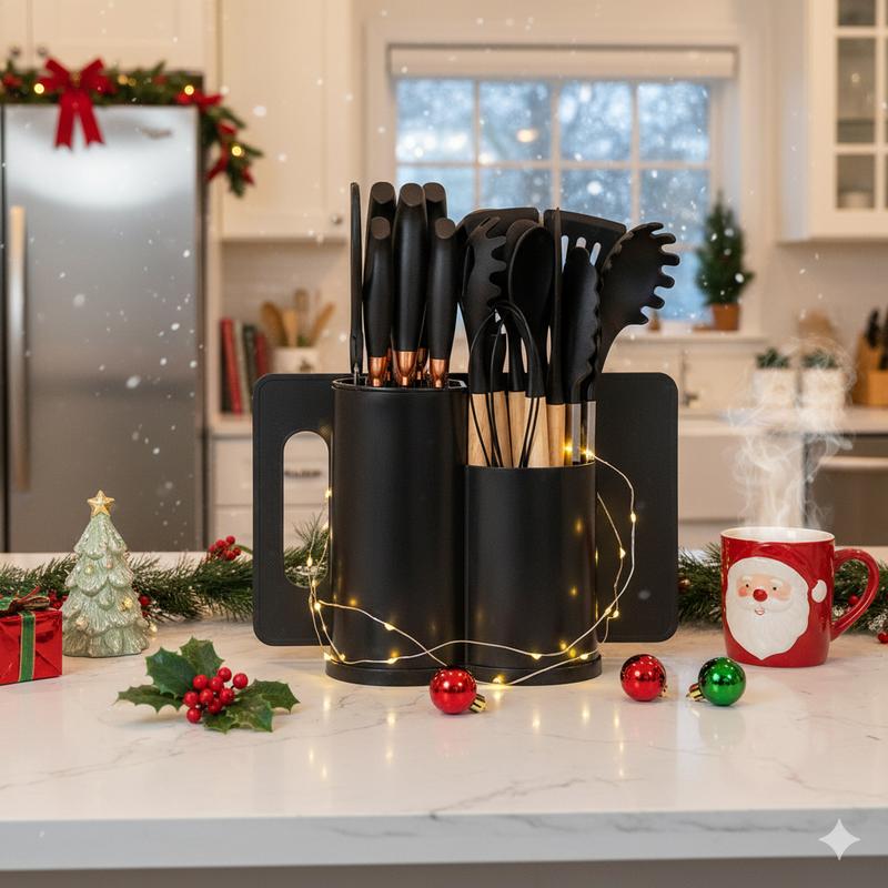 19PCS Silicone Kitchen Utensils Set with Knife Set, 5-Piece Knives + Utensil Holder, Heat Resistant Cooking Tools, Nonstick Safe Wooden Handle Kitchen Gadget Set, Spatula Turner Tongs Whisk Ladle for Home Cooking